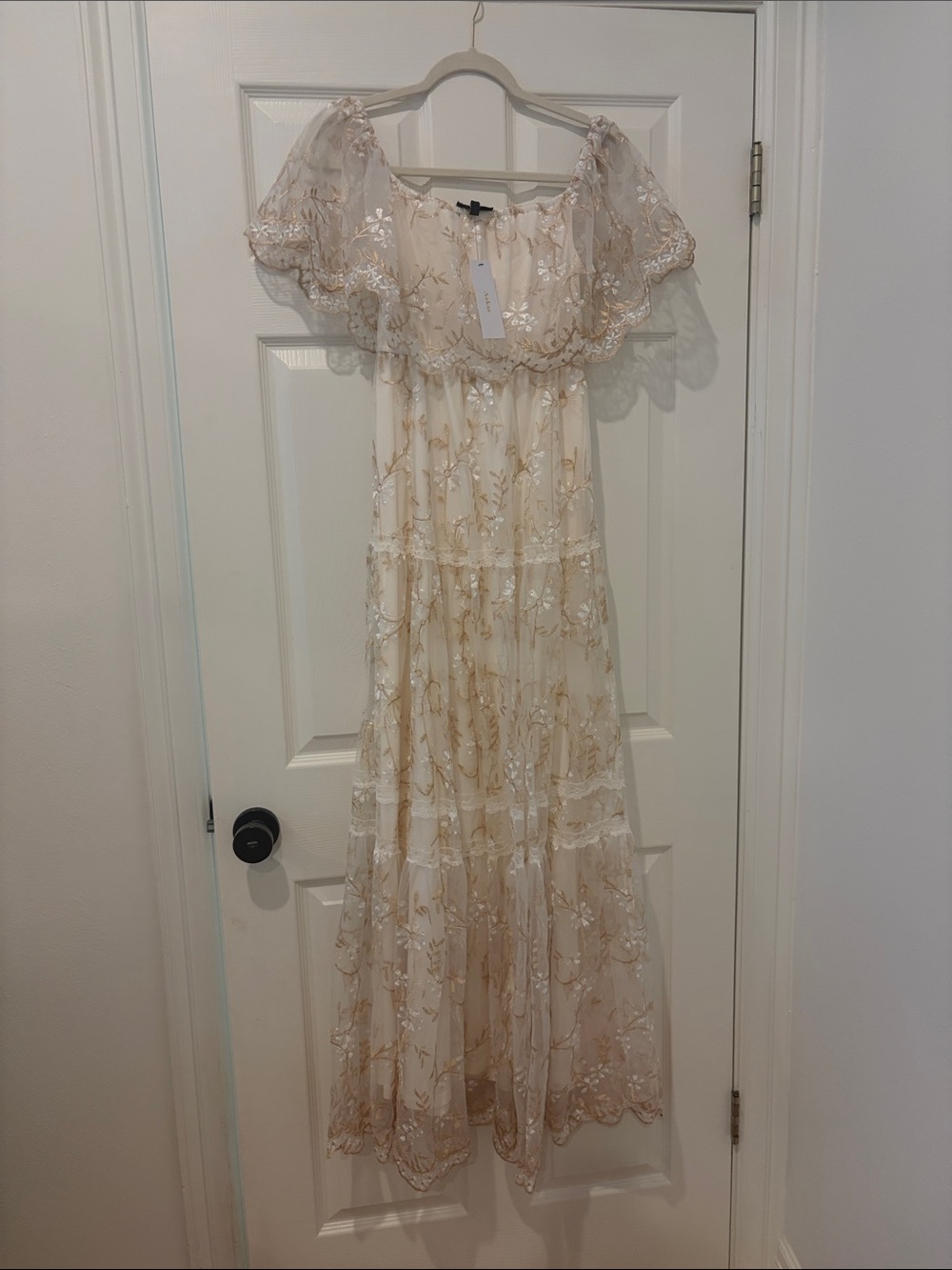 Aakaa Ivory Sheer Dress with Gold & Silver Floral Embroidery